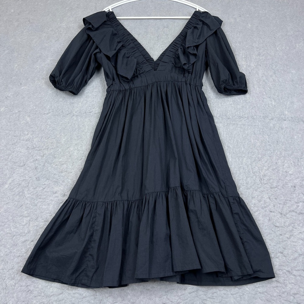 Madison Mathews Savannah Dress Women's XS Black V-Neck Smocked Puff Sleeve Mini*